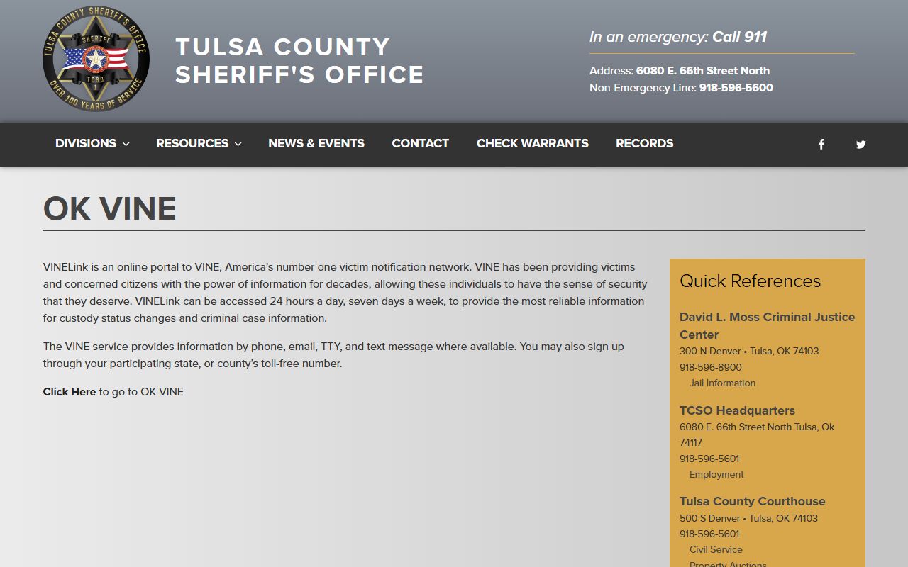 Tulsa County Sheriff's Office jail information for booking releases